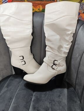 TOP Moda White Over-the-Knee Buckle Heel Boots